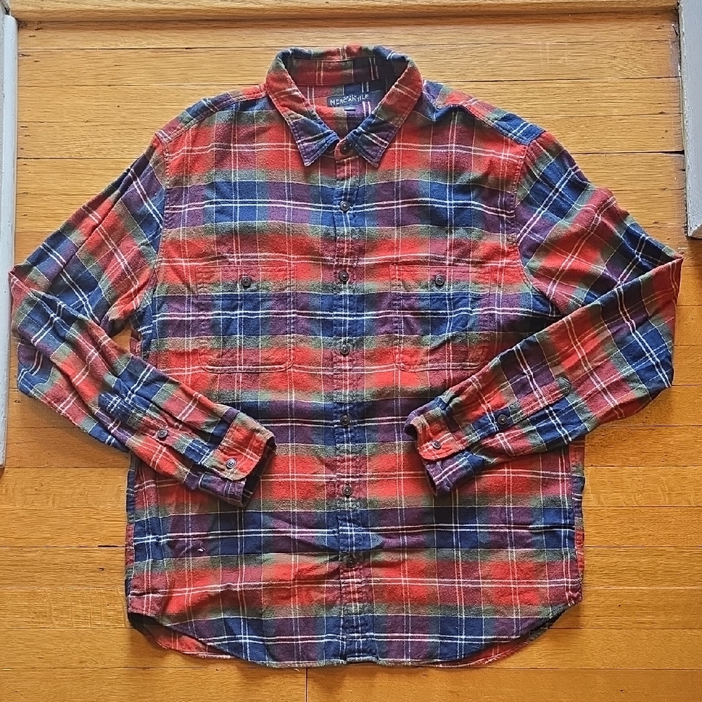 ​J. Crew Mercantile, Burnt Orange & Blue, Plaid Flannel Button Down Shirt, XL